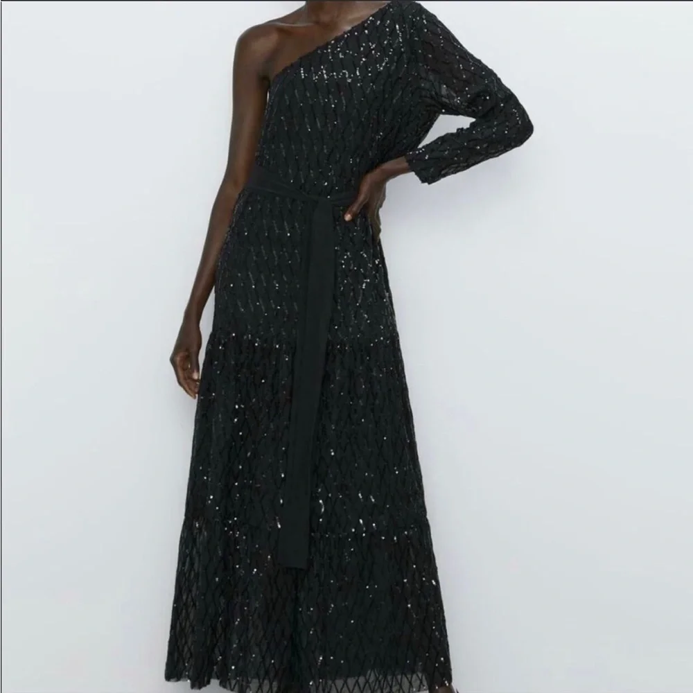 Zara black sequin asymmetrical maxi formal evening dress size XL - Picture 2 of 8